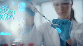 Female Scientist Carefully Pipettes Liquid Between Test Tubes While Monitoring Futuristic Holographic Medical Data, Advanced Pharmaceutical Research, Drug Development, Biotechnology Innovation - Powered by Shutterstock - Get 15% off with code: PIKWIZARD15