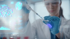 Female Scientist in Safety Goggles Dispenses Medicine Into Test Tubes With a Pipette, Holographic Biomedical Analytics Visualize Futuristic Pharmaceutical Research, Clinical Innovation - Powered by Shutterstock - Get 15% off with code: PIKWIZARD15