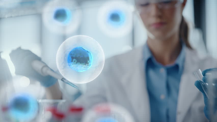 Laboratory Scientist Use Pippete for Experimental Solution Into Test Tube. Concept of Digitally Visualized Cells in Molecular Biology, Regenerative Biotechnology, Healthcare Innovation in Medicine