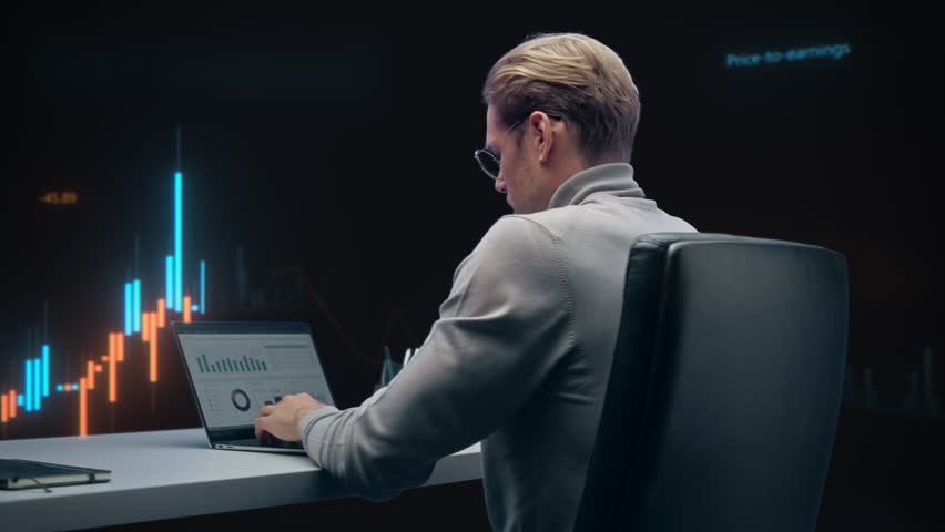 Stock Analyst Studies Real Time Candlestick Charts on Laptop, Surrounded by Financial Data, Monitoring Volatility, Executing Trades, Managing Investment Portfolio. 360 Degree Tracking Arc Shot