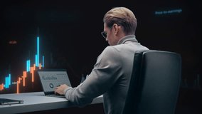 Stock Analyst Studies Real Time Candlestick Charts on Laptop, Surrounded by Financial Data, Monitoring Volatility, Executing Trades, Managing Investment Portfolio. 360 Degree Tracking Arc Shot - Powered by Shutterstock - Get 15% off with code: PIKWIZARD15