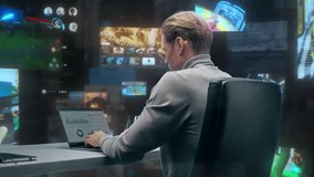 Male Professional Works on Laptop in a Office, Surrounded by Social Media Feeds, Video Calls, Analytics Dashboards, Gaming Streams, Online Data Video Content. 360 Degree Tracking Arc Shot - Powered by Shutterstock - Get 15% off with code: PIKWIZARD15