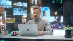 Male Professional Works on Laptop in a Office, Surrounded by Social Media Feeds, Video Calls, Analytics Dashboards, Gaming Streams, Online Data Video Content. 360 Degree Tracking Arc Shot - Powered by Shutterstock - Get 15% off with code: PIKWIZARD15