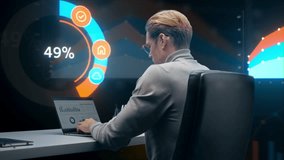 Data Analyst Works on Laptop in Office, Reviewing Dashboards, Charts, Performance Metrics shown on Screens, Optimizing Digital Strategy, Productivity, Business Growth. 360 Degree Tracking Arc Shot - Powered by Shutterstock - Get 15% off with code: PIKWIZARD15