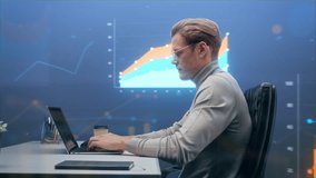 Analyst Works on Laptop in Office, Interactive 360‑degree Dashboards, Charts, Statistics, Optimizing Business Performance, Digital Marketing, Data Visualization. 360 Degree Tracking Arc Shot - Powered by Shutterstock - Get 15% off with code: PIKWIZARD15