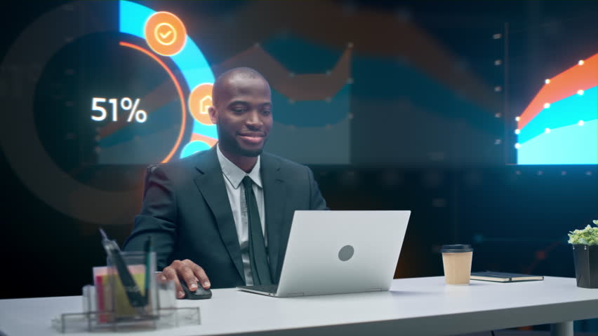 Analyst Works at His Laptop, Tracking Performance Metrics and Interactive Dashboards in a Cinematic 360‑degree Data Room, Optimizing Business Intelligence, Digital Strategy, Analytics for Growth