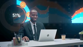 Analyst Works at His Laptop, Tracking Performance Metrics and Interactive Dashboards in a Cinematic 360‑degree Data Room, Optimizing Business Intelligence, Digital Strategy, Analytics for Growth - Powered by Shutterstock - Get 15% off with code: PIKWIZARD15