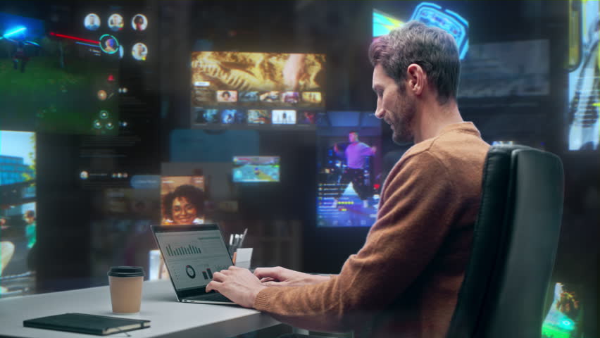 Digital Enthusiast Relaxes at a Laptop in an Immersive 360‑degree Media Hub, Browsing Internet Content, Watching Streams, Playing Video Games, and Scrolling Social Media Feeds While Sipping Coffee