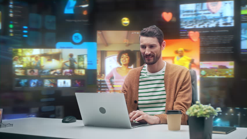 Digital Enthusiast Relaxes at a Laptop in an Immersive 360‑degree Media Hub, Browsing Internet Content, Watching Streams, Playing Video Games, and Scrolling Social Media Feeds While Sipping Coffee
