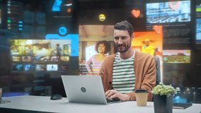 Digital Enthusiast Relaxes at a Laptop in an Immersive 360‑degree Media Hub, Browsing Internet Content, Watching Streams, Playing Video Games, and Scrolling Social Media Feeds While Sipping Coffee - Powered by Shutterstock - Get 15% off with code: PIKWIZARD15