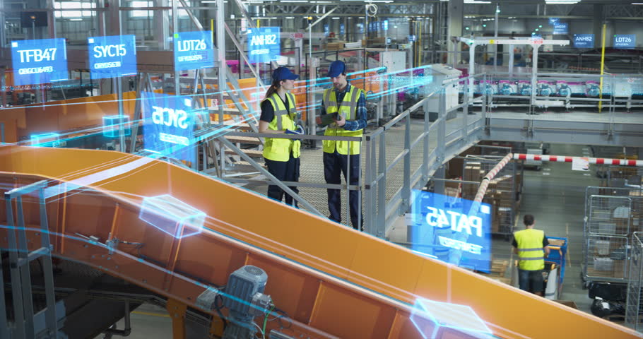 Two Warehouse Engineers in Monitor a Smart Parcel Conveyor, Using a Digital Tablet and Holographic Data Visualisations to Track Shipment, Optimise Distribution, Manage Logistics in Automated Hub.