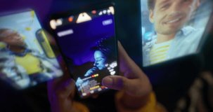 Young Woman on Bed at Night, Using Smartphone as Holographic Social Feeds, Livestreams, Video Calls. Illustrating Immersive Mobile Entertainment, Digital Connection, Augmented Reality Social Media - Powered by Shutterstock - Get 15% off with code: PIKWIZARD15