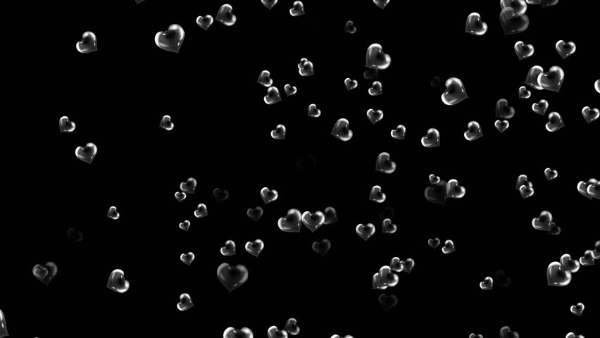 Elegant Glossy Glass Hearts Falling On Black Background. Romantic Love Symbol Overlay For Valentine's Day, Weddings, Anniversaries, And Emotional Content. Seamless Loop.elegant Transparent Glass Heart