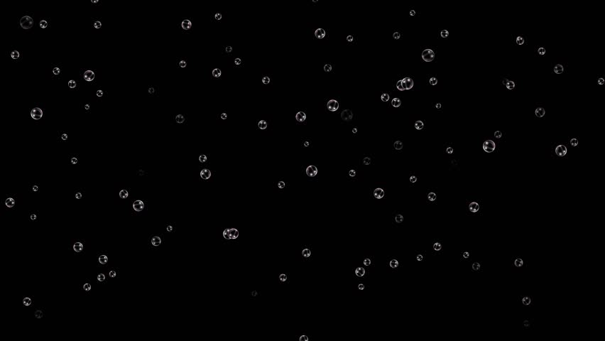 Elegant Transparent Bubbles Floating Upwards on Black Background Seamless Loop for Sparkling Overlays and Abstract Effects, Floating Iridescent Heart Bubbles and Soap Bubbles on Black Background.