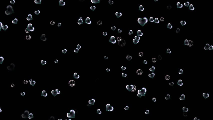 Floating Iridescent Heart Bubbles And Soap Bubbles On Black Background. Romantic, Dreamy Overlay For Love, Valentine's Day, Weddings, And Celebrations. Floating Heart And Round Bubbles On Black