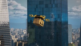 Futuristic Delivery Drone Navigates Between Glass Skyscrapers, Autonomous Transporting Cardboard Package Across City Skyline, Smart Technology, Aerial Shipping, Urban Ecommerce Distribution - Powered by Shutterstock - Get 15% off with code: PIKWIZARD15