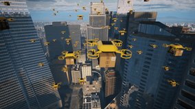 Swarm of Delivery Drones Streams Between Glass Skyscrapers, Autonomously Routing Ecommerce Packages Across a Futuristic Smart City, Illustrating High Density Aerial Logistics, Shipping Automation - Powered by Shutterstock - Get 15% off with code: PIKWIZARD15