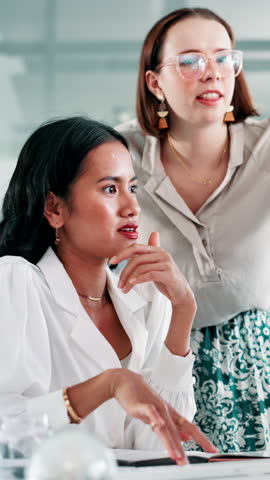 Creative office, meeting and business women with discussion for planning, online project and copywriting. Publishing agency, notebook and people with advice for research, feedback and website article