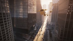 Autonomous Delivery Drones Stream Through a Sunlit City, Ecommerce Parcels Delivery, High Speed Aerial Courier Service, Automated Futuristic Smart City Logistics - Powered by Shutterstock - Get 15% off with code: PIKWIZARD15