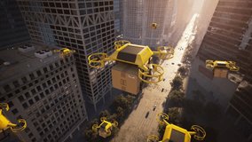 Swarm of Delivery Drones Streams Between Glass Skyscrapers, Autonomously Routing Ecommerce Packages Across a Futuristic Smart City, Illustrating High Density Aerial Logistics, Shipping Automation - Powered by Shutterstock - Get 15% off with code: PIKWIZARD15