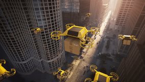 Yellow Cargo Drones Glide Through a Modern City Skyline, Autonomously Routing Ecommerce Packages Above Traffic, Showcasing Next Generation Urban Air Delivery, Smart Logistics Coordination - Powered by Shutterstock - Get 15% off with code: PIKWIZARD15
