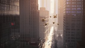 Swarm of Yellow Delivery Drones Navigates a Sunlit Downtown Avenue, Autonomously Transporting Parcels Between Glass Skyscrapers, Aerial Logistics, Ecommerce, Futuristic Smart City Transportation - Powered by Shutterstock - Get 15% off with code: PIKWIZARD15