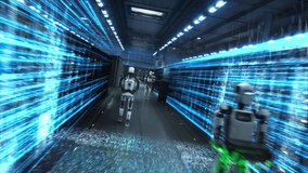 Humanoid Service Robots Patrol a Vast Futuristic Data Center, Digitization of Lines of Data Streams as They Monitor Racks, Optimize Ai Servers, High Tech Artificial Intelligence Operations Sequence - Powered by Shutterstock - Get 15% off with code: PIKWIZARD15