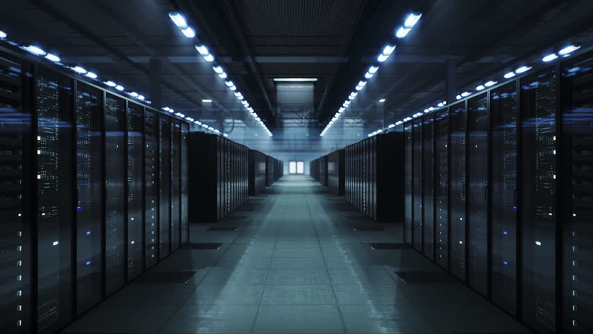 Hyperscale Data Center Corridor as Holographic Grids, Fiber Streams, Digital Particles Animate Server Racks, Data Processing, Cybersecurity Monitoring, Network Infrastructure Analytics.