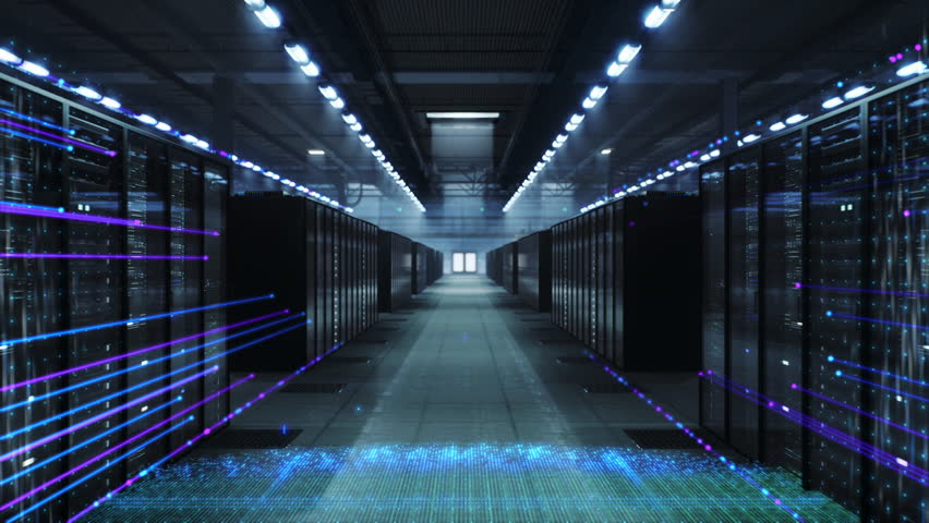 Hyperscale Data Center Corridor as Holographic Grids, Fiber Streams, Digital Particles Animate Server Racks, Data Processing, Cybersecurity Monitoring, Network Infrastructure Analytics.