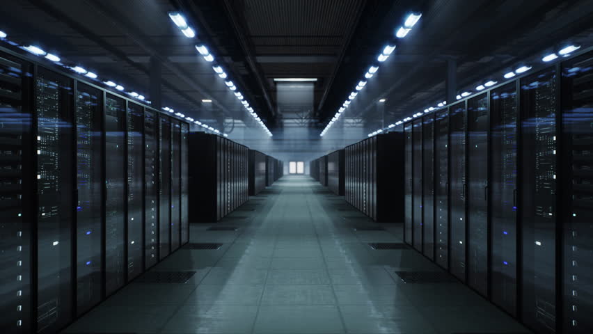 Slow Cinematic Movement in Enterprise Data Center Aisle, Symmetrical Server Racks, High Performance Cloud Computing, Network Reliability, Secure Digital Infrastructure at Scale.
