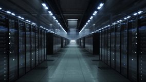 Slow Cinematic Movement in Enterprise Data Center Aisle, Symmetrical Server Racks, High Performance Cloud Computing, Network Reliability, Secure Digital Infrastructure at Scale. - Powered by Shutterstock - Get 15% off with code: PIKWIZARD15