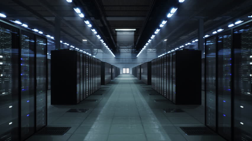 Slow Cinematic Movement in Enterprise Data Center Aisle, Symmetrical Server Racks, High Performance Cloud Computing, Network Reliability, Secure Digital Infrastructure at Scale.