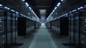 Slow Cinematic Movement in Enterprise Data Center Aisle, Symmetrical Server Racks, High Performance Cloud Computing, Network Reliability, Secure Digital Infrastructure at Scale. - Powered by Shutterstock - Get 15% off with code: PIKWIZARD15