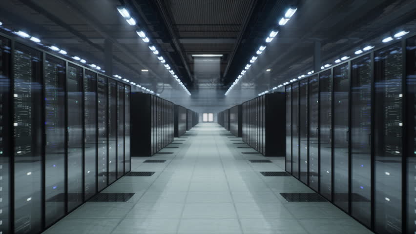 Smooth Tracking Shot Glides Down Hyperscale Data Center Aisle, Server Racks, Blinking Leds, Cloud Computing, Artificial Intelligence Big Data Storage, Digital Infrastructure