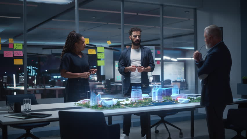 Architects Collaborate Late in a Glass Office, Reviewing a Holographic Smart City Model, Futuristic Skyline Concepts, Sustainable Master Planning, and High Tech Urban Development Strategy Together.