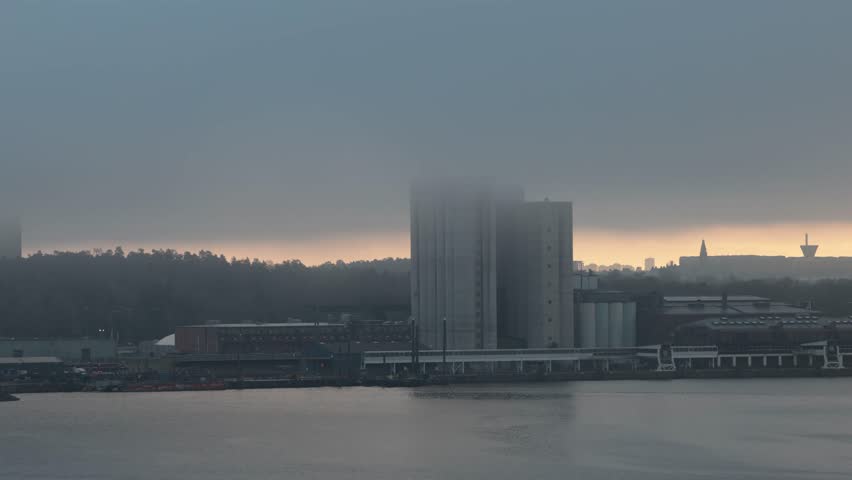 Stockholm, Sweden A winter skyline view over the Frihamnen district or the Stockholm port. 