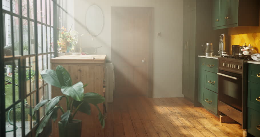 Kitchen, empty and window with sunshine, furniture and interior design with real estate. Lens flare, eco friendly and property with decor, morning and plants in house, rental and architecture