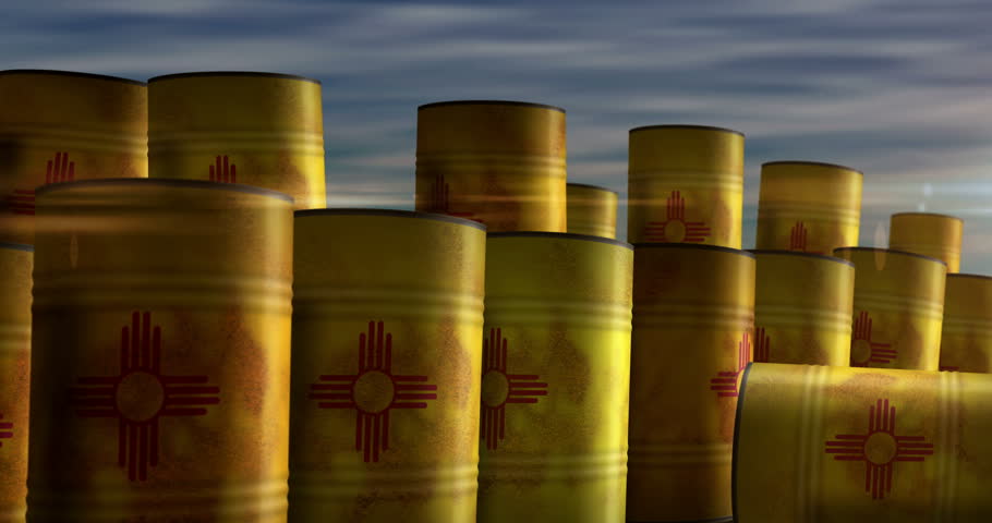 New Mexico USA oil business and fuel extraction barrels in row concept. Amwerican petrol industrial metal containers.