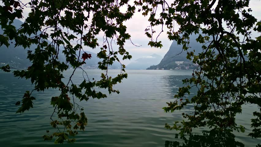 Lugano, Switzerland – September 13, 2023: View from Parco Ciani over Lake Lugano toward Paradiso, framed by overhanging tree branches with Monte Brè and surrounding Alps in the distance.