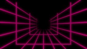 Retro neon grid tunnel with lines glowing. Futuristic perspective corridor, sci-fi grid or wireframe mesh. Perfect backdrop for cyber, sci-fi themes. Seamless loop animation 4k. - Powered by Shutterstock - Get 15% off with code: PIKWIZARD15