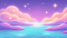 Dreamy cartoon seascape with glowing pastel clouds, purple sky, and shimmering turquoise water reflections. - Powered by Shutterstock - Get 15% off with code: PIKWIZARD15