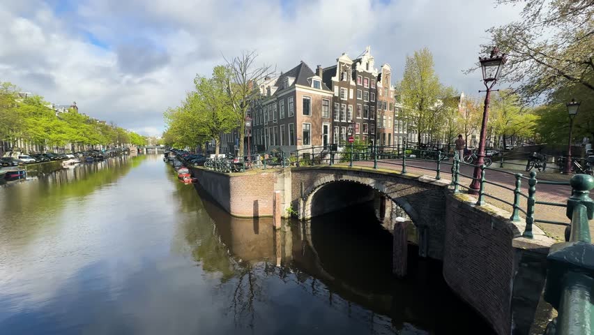 Facades of old historic Houses over canal water, Amsterdam, Netherlands