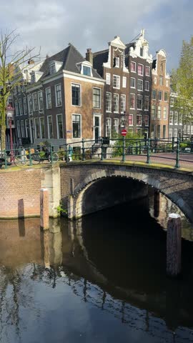 Facades of old historic Houses over canal water, Amsterdam, Netherlands