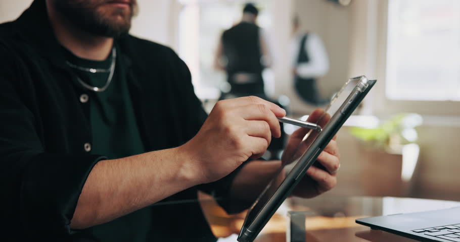 Man, hands and writing with tablet in workplace for online booking, calendar or planning for barbershop. Person, tech or digital note with stylus in hair salon for client schedule, admin or reminder.