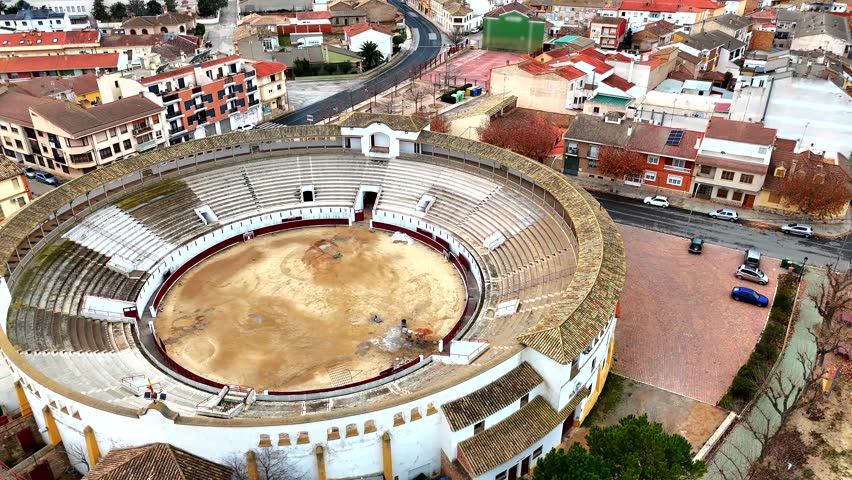 Tarazona de la Mancha bullring aerial empty arena overcast