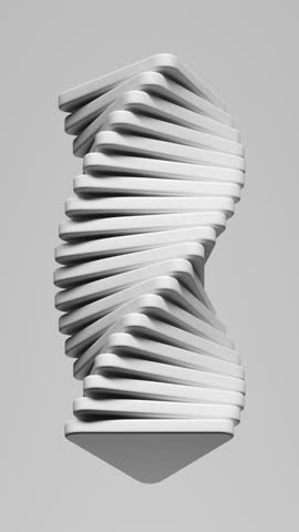 3d loop vertical animation. Abstract minimalist geometric background. Group of rotating primitive white flat objects.