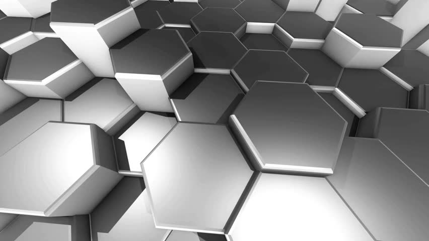 Hexagonal shapes shift and glide, forming an intricate pattern in a sleek metallic landscape, reflecting light in a dynamic manner.