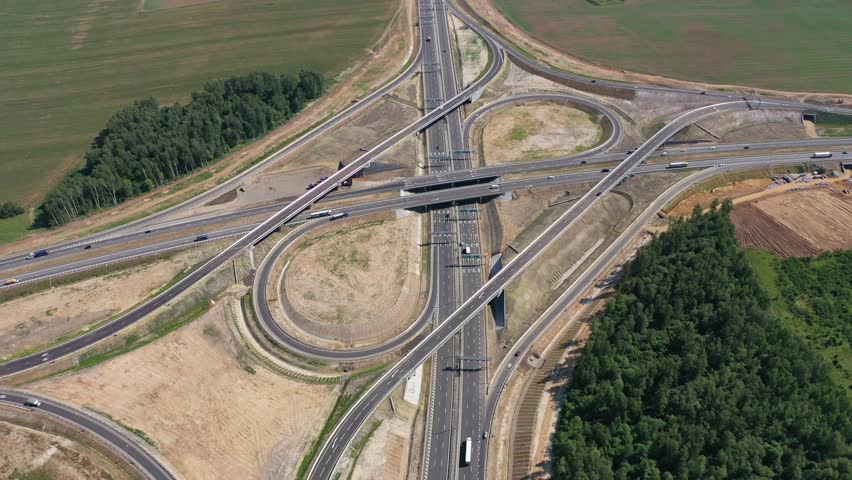 Drone shot of intersecting highways and ramps