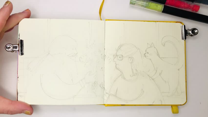 An elderly married couple. The husband gives flowers to his wife. Relaxing drawing process in the sketchbook with gel pen and markers. High-speed paint videos.