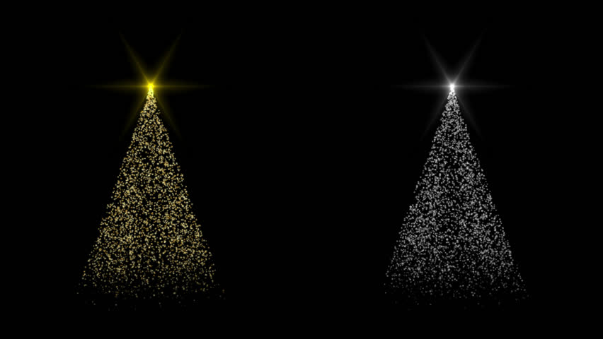 Set of 2 elegant christmas trees in silver and gold colors formed by particles streaming downward while creating a tree shape with a glowing star on top, transparent background with alpha channel